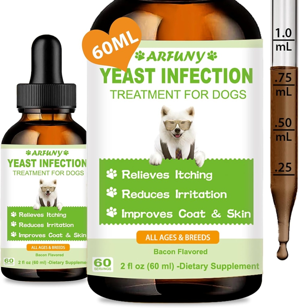 Köpekler için Doğal Yeast Enfeksiyon Tedavisi | 60ML Destekler Sağlıklı Itch Relief | Dog Yeast Ear Enfeksiyon Tedavisi | Dog Inflammation Relief, Anti Allergy Relief & Skin Itch Relief | 2 fl oz, Bacon Flavor