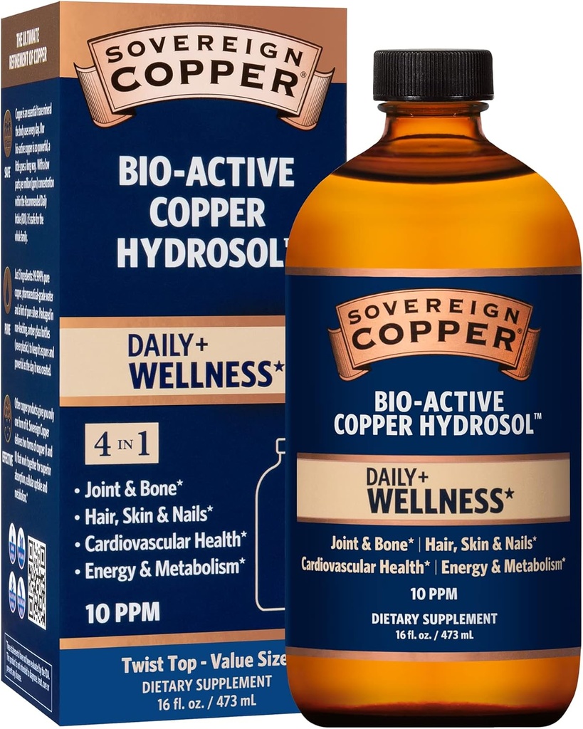 Sovereign Bio-Active Copper Hydrosol - Bio available Colloidal Copper Sıvı Supplement for Yetişkinler and Kids with Silver Hydrosol for Immune Support, Hair, Skin, and Nails - 16 fl oz (473mL)