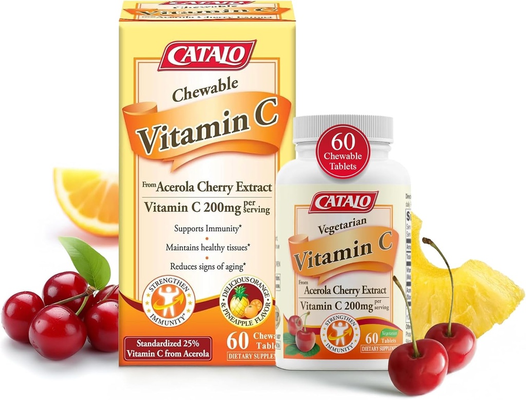 CATALO Vitamin C Formula - Acerola Cherry Extract, 200 mg C hizmet başına, Skin Rejuvenation, Collagen Production, Delicious Orange & Pineapple Flavor, 60 Chewable Tabletler