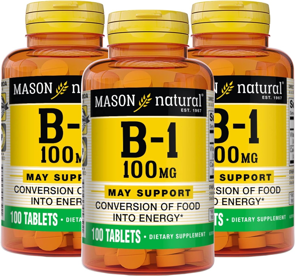 Mason Doğal Vitamin B1 (Thiamin) 100 mg, Gıdaların Enerjiye Sağlıklı Dönüşümü, Nerve ve Immune Health, 100 Tablet (Pazar 3)
