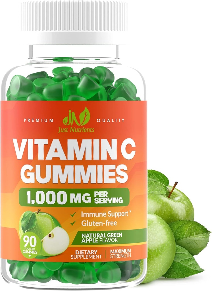 Βιταμίνη C Gummies 1000mg για ενήλικες & παιδιά - Μέγιστη δύναμη Μασώμενη Ανοσοποιητική Υποστήριξη, Υποστήριξη κολλαγόνου - Ξινή Πράσινη Γεύσεις μήλου - Χωρίς γλουτένη, Μη ΓΤΟ, Χορτοφαγικά - 90 Gummies (30 μερίδες)