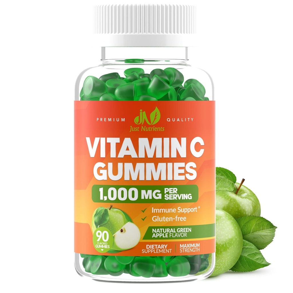 Yetişkinler ve Çocuklar için 1000 mg - En Güçlü Immune Support, Collagen Support - Sour Green Apple Flavor - Gluten Free, Non-GMO, Vegetarian - 90 Gummies (30 hizmet)