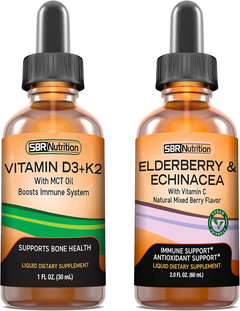 SBR Beslenme D3+K2 ve Elderberry Sche Vitamin D3K2 (MK7) Sıvı Merdivenler, Peppermint,1oz | Elderberry & Echinacea & C Liquid Drops, 2oz | Yetişkinler & Çocuklar | Non-GMO, Gluten Free