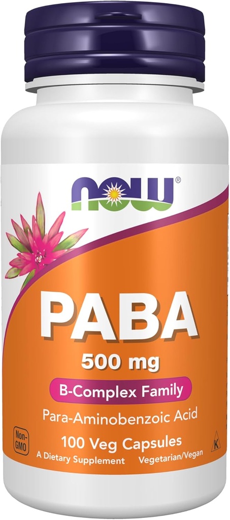 NOW Συμπληρώματα, PABA (Para- Aminobenzoic Acid) 500 mg, B- Complex Family, 100 Κάψουλες