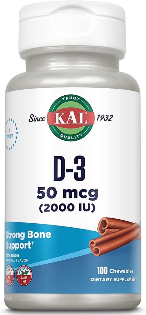 Kuwables 50 mcg, Vitamin D 2000 I as Cholecalciferol, Sugar Free, Natural Cinnamon Flavor D3 Vitamin, Immune Support & Bone Health, 100 Hizmet, 100 Chewables