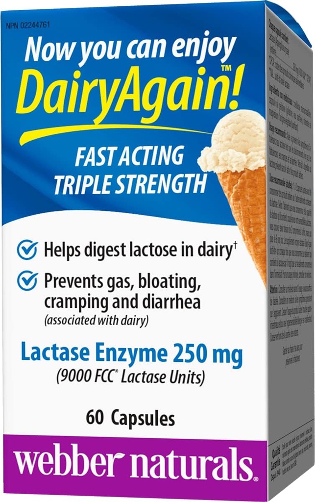 Webber Naturals Dairy Again 250 mg Lactase Enzyme Triple Strength, 60 Capsules