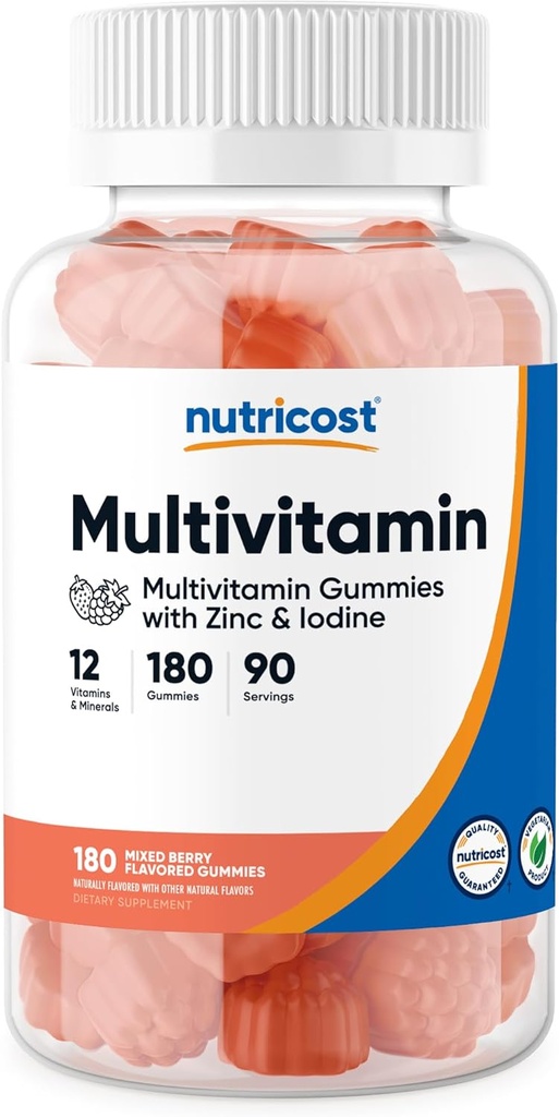 Nutricost Multivitamin Gummies, 180 Gummies (Mixed Berry Flavored) - 90 Serv, Gluten Free, Non-GMO ve Vegetarian Friendly