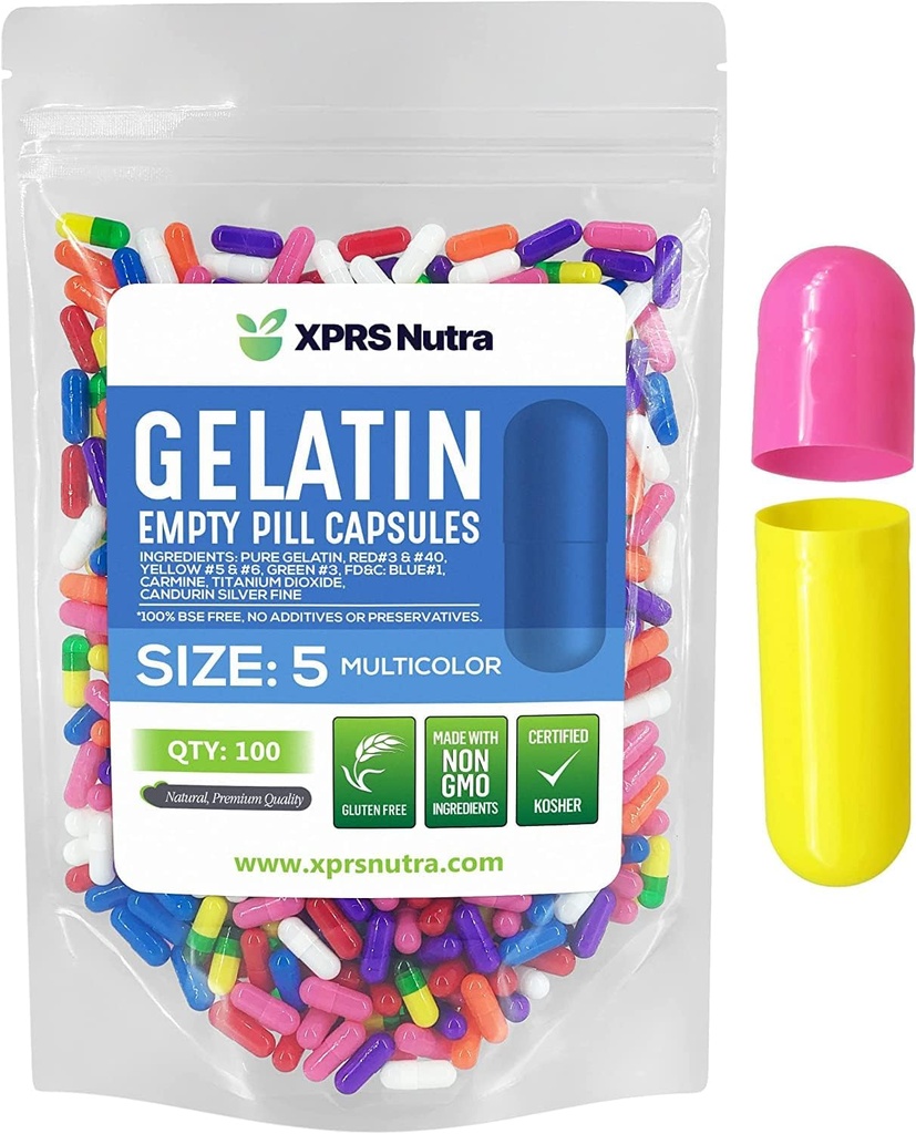 XPRS Nutra Boyutu 5 Boş Kapsüller - 100 Kont Çok Küçük Boş Gelatin Capsules - Pills DIY Capsule - Do-It- Yourself Vitamin Supplements (Multi Color)