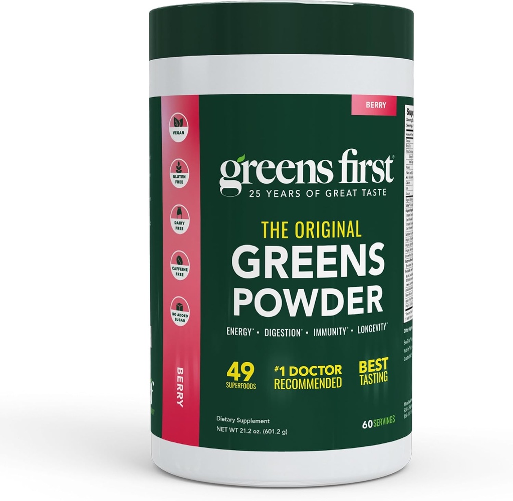 Greens First Original Greens Toz - 49 Superfoods - Organik Meyveler & Veggies - Prebiyotikler, Probiyotikler & Digestive Enzymes - Antioksidan - Süt Free, Vegan & Non-GMO (Berry, 60 Hizmet)
