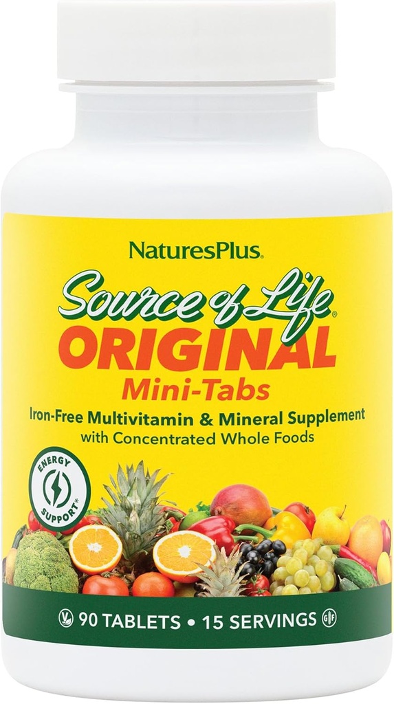 Natures Plus Source of Life Mini-Tabs No Iron - 90 Vegetarian Mini Tablets - Εύκολο στην κατάποση Φυσικών Ολόκληρων Τροφίμων Multivitamin & Mineral Supplement for Health & Energy - 15 Μερίδες
