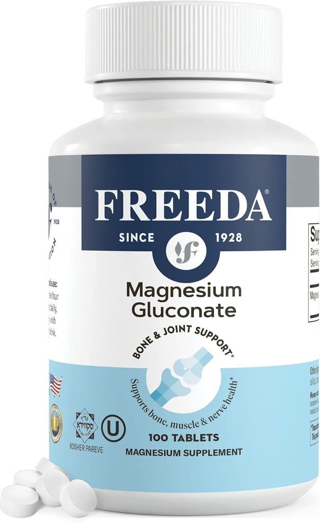 Freeda Gluconate - Kosher Vegan Magnezyum Supplement for Men & Women - Leg & Kas Cramp ve Spasm Relief - Natural Muscle Relaxer - Magnesio Vitamins and Supplements (100 Tablet)