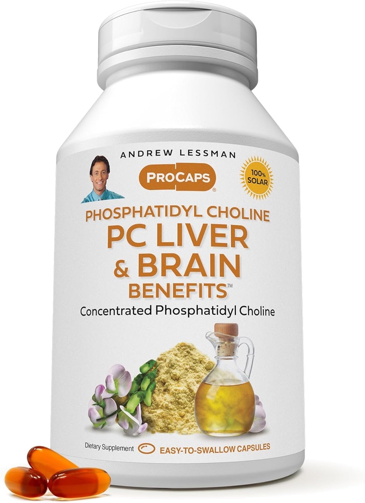 ANDREW LESSMAN PC Liver and Brain Benefits 180 Softgels - Phosphatidyl Choline, Most Important Building Block for Healthy Liver and Brain Structure, Function. No Additives. Easy to Swallow Softgels