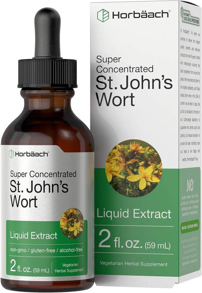 Horbäach St Johns Wort Tincture | 2 Fl Oz | Alkol Ücretsiz | Vejetaryen Sıvı Ekstraksiyon | Non-GMO, Gluten Free Supplement Supplement
