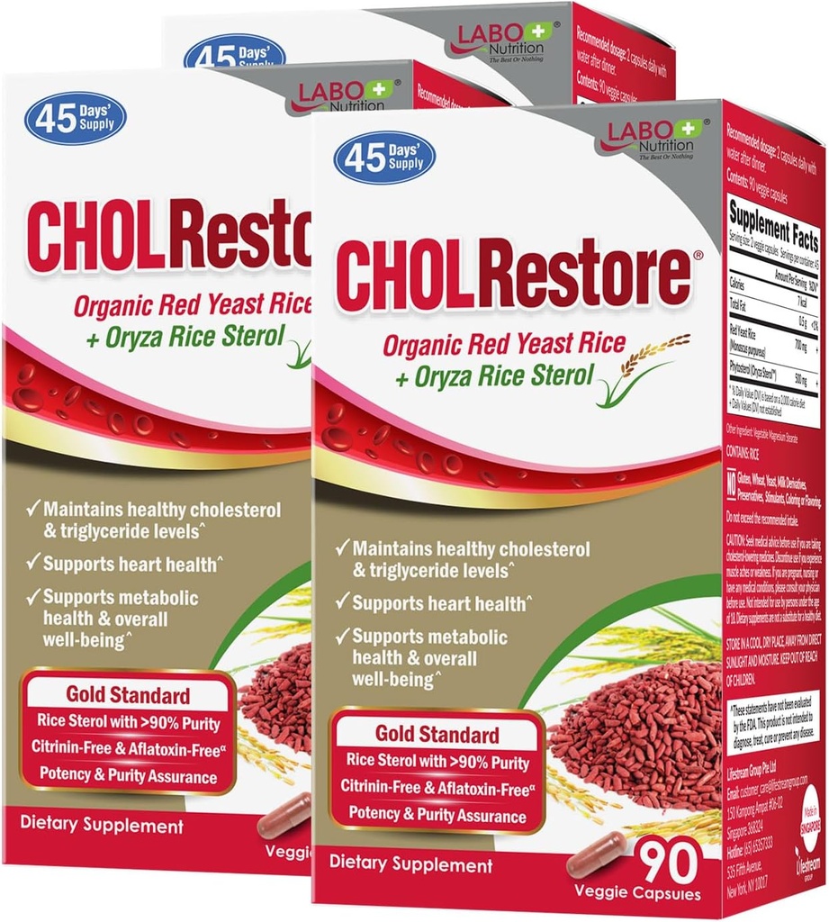 LABO Διατροφή CHOLRestore – Κόκκινο ρύζι ζύμης με Φυτοστερόλη Συμπλήρωμα υγείας, Υποστηρίζει υγιή επίπεδα χοληστερόλης, κιτρινίνη & Αφλατοξίνη Χωρίς, 90 κάψουλες Vege 3x3