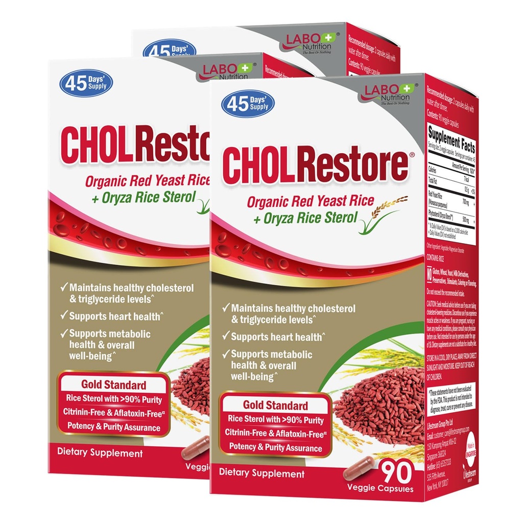 LABO Beslenme CHOLRestore – Red Yeast Rice Phytosterol Health Supplement, Supports Health Cholesterol Levels, Citrinin & Aflatino Free, 90 Vege Capsules 3x3