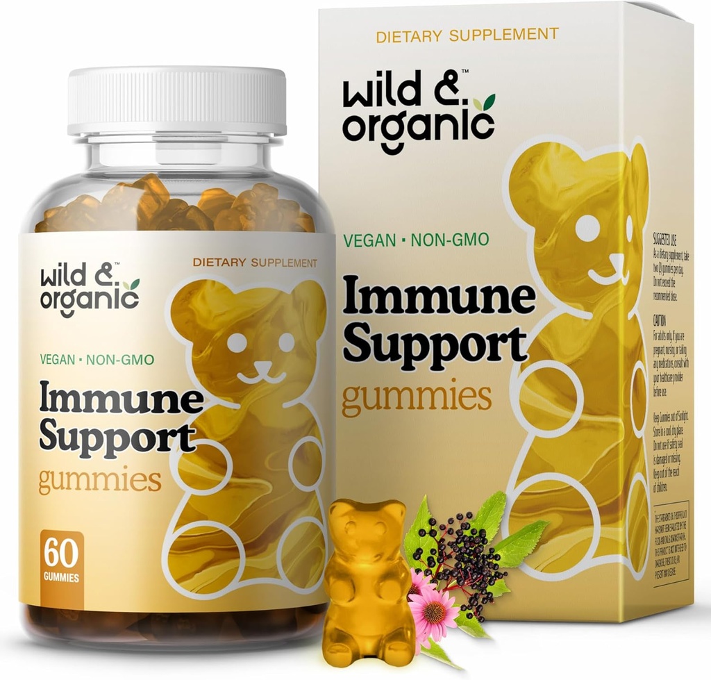 Wild & Organic Immune Support Gummies - Elder 1000 mg & Vitamin C 500 mg - Natural Immune Support Supplement - Vegan Immunity Gummies with Vitamin C D Çinko - 60 Count