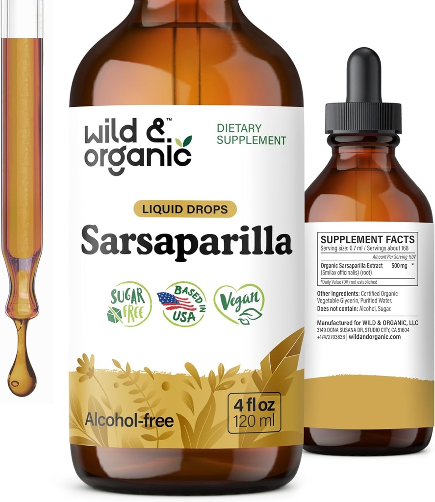 Wild & Organic Sarsaparilla Root Tincture - Genel Destek - Sarsaparilla Ekstraksiyon Tamam - Vegan, Şeker & Alkol Özgür Sıvı Ölüyor - 4 fl ozture