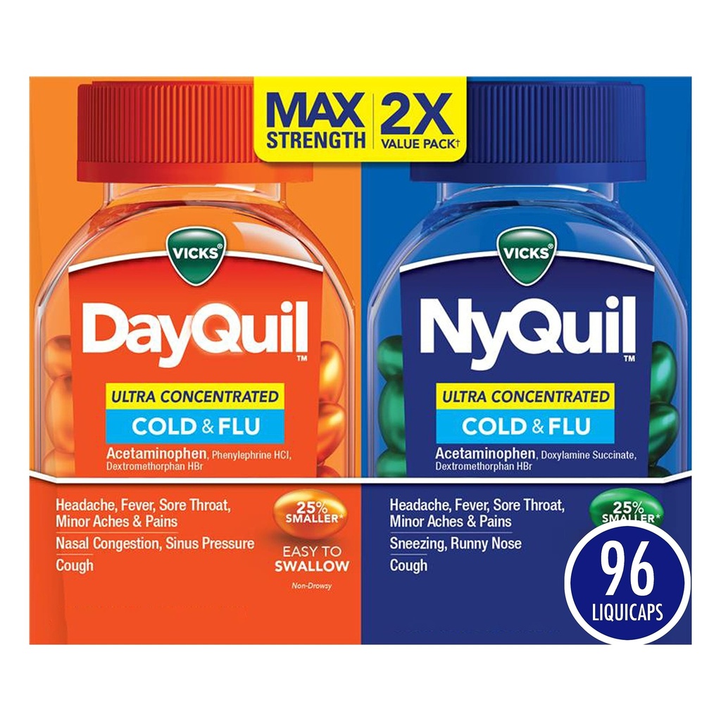 Vicks DayQuil & NyQuil Ultra Yoğun Liquicaps Co-Pack, Cold & Flu Medicine, Güçlü Multi-Symptom Daytime & Nighttime Relief for Headache, Sore Throat, Minor Aches & Pains, & Cough, 96ct