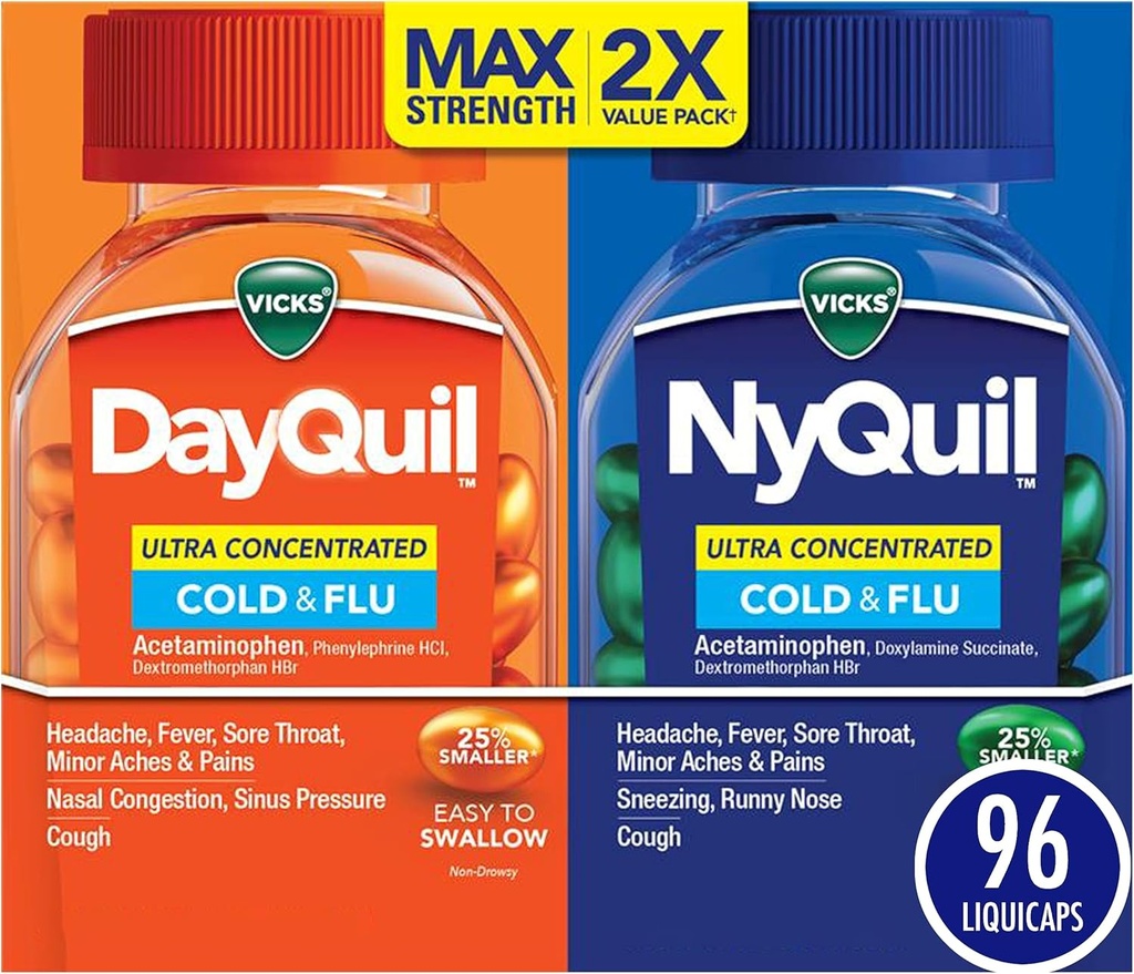 Vicks DayQuil & NyQuil Ultra Yoğun Liquicaps Co-Pack, Cold & Flu Medicine, Güçlü Multi-Symptom Daytime & Nighttime Relief for Headache, Sore Throat, Minor Aches & Pains, & Cough, 96ct