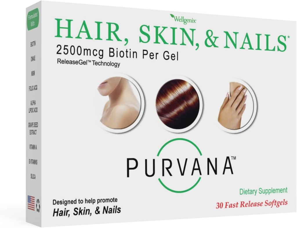 Wellgenix Purvana Hair, Skin, and Nails Vitamin - 2500mcg Βιοτίνη, Φολικό οξύ, DMAE, εκχύλισμα σπόρων σταφυλιού - One a Day Softgels - PSOS & Postpartum Hair Loss Support - (30 Count)