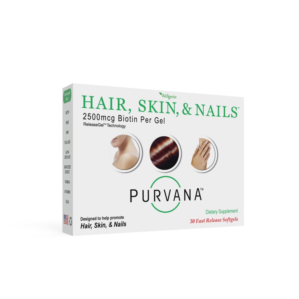 Wellgenix Purvana Saç, Skin ve Nails Vitamini - 250006 Biotin, Folic Acid, DMAE, Grape Tohumu - Bir Gün Yumuşakgels - Ps & Postpartum Saç Kayıp Desteği - (30 Kont)