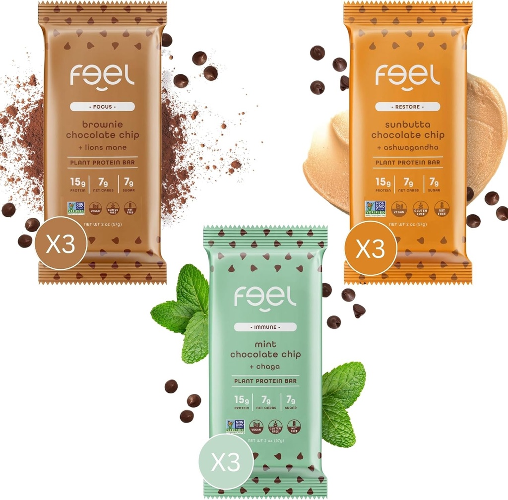 Vegan protein Bars | Chocolate Lovers | Keto | Gluten Free | Organik | Lions Mane | Chaga | Ashwagandha | 15g Protein | Low Sugar | Non GMO | Sunbutta + Brownie + Mint - 9 Pack