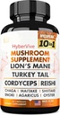 Mushroom Supplement 10x Kompleksi - Lions Mane, Türkiye Tail, Cordyceps, Reishi, Chaga, Maitake, Shiitake, Oyster Extract Mushrooms - Nootropic Brain Support Supplements for Memory and Focus