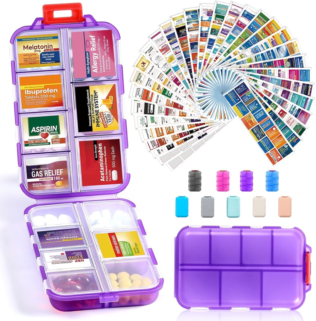 14 Grids Travel Pill Organizer Box ile 415-Pcs Medicine Name Etiketler, Pocket Daily Eczanesi Case Konteyner, Seyahat İlaçları Fish Oil Vitamin Supplement Storage için Kit -Clear Mor