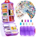 14 Grids Travel Pill Organizer Box ile 415-Pcs Medicine Name Etiketler, Pocket Daily Eczanesi Case Konteyner, Seyahat İlaçları Fish Oil Vitamin Supplement Storage için Kit -Clear Mor