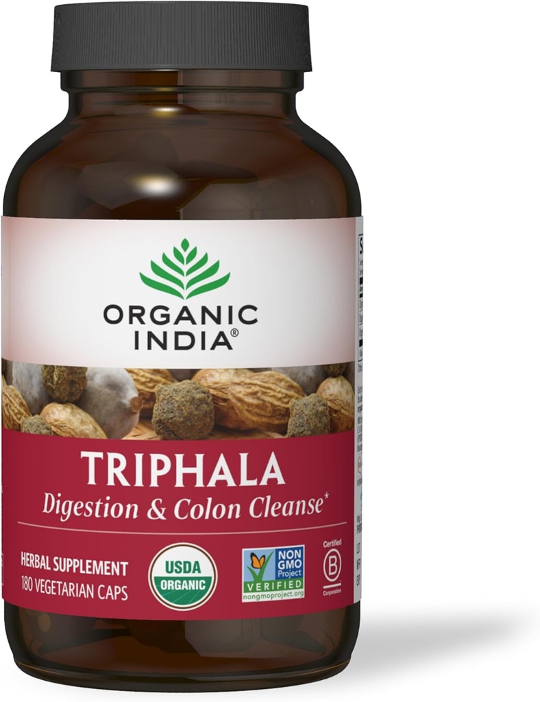 ORGANIC INDIA Triphala Capsules Organic - Herbal Supplement with Amla, Bibhitaki, Haritaki, Digestion & Colon Support, Immune System Support, Adaptogen, Vegan, USDA sertifikalı Organik - 180 Capsules
