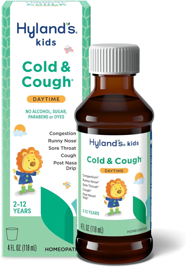 Hyland's Kids Cold and Cough, Daytime Cough Syrup Medicine for Kids Ages 2 and up, Decongestant, Sore Throat Relief, Natural Treatment for Common Cold Belirtileri, 4 Fl Oz