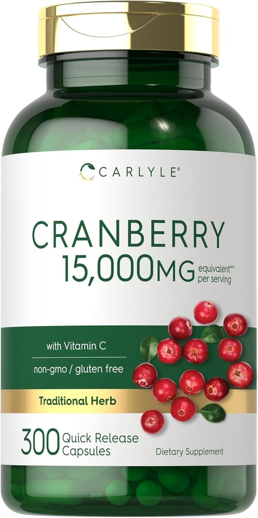 Carlyle Cranberry Pills 15000 mg | 300 Capsules | Herb Extract Supplement | for Women and Men | with Vitamin C | Non-GMO & Gluten Free