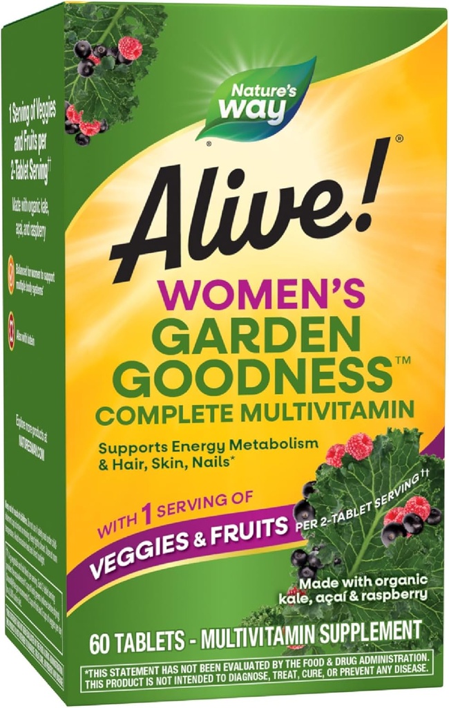 Doğanın Yolu Alive! Bahçe Kadınlar için Çokvitamin, Yüksek Potency B-Vitamins to Support Cellular Energy*, 1 Service Veggies & Fruits**, 60 Tabletler