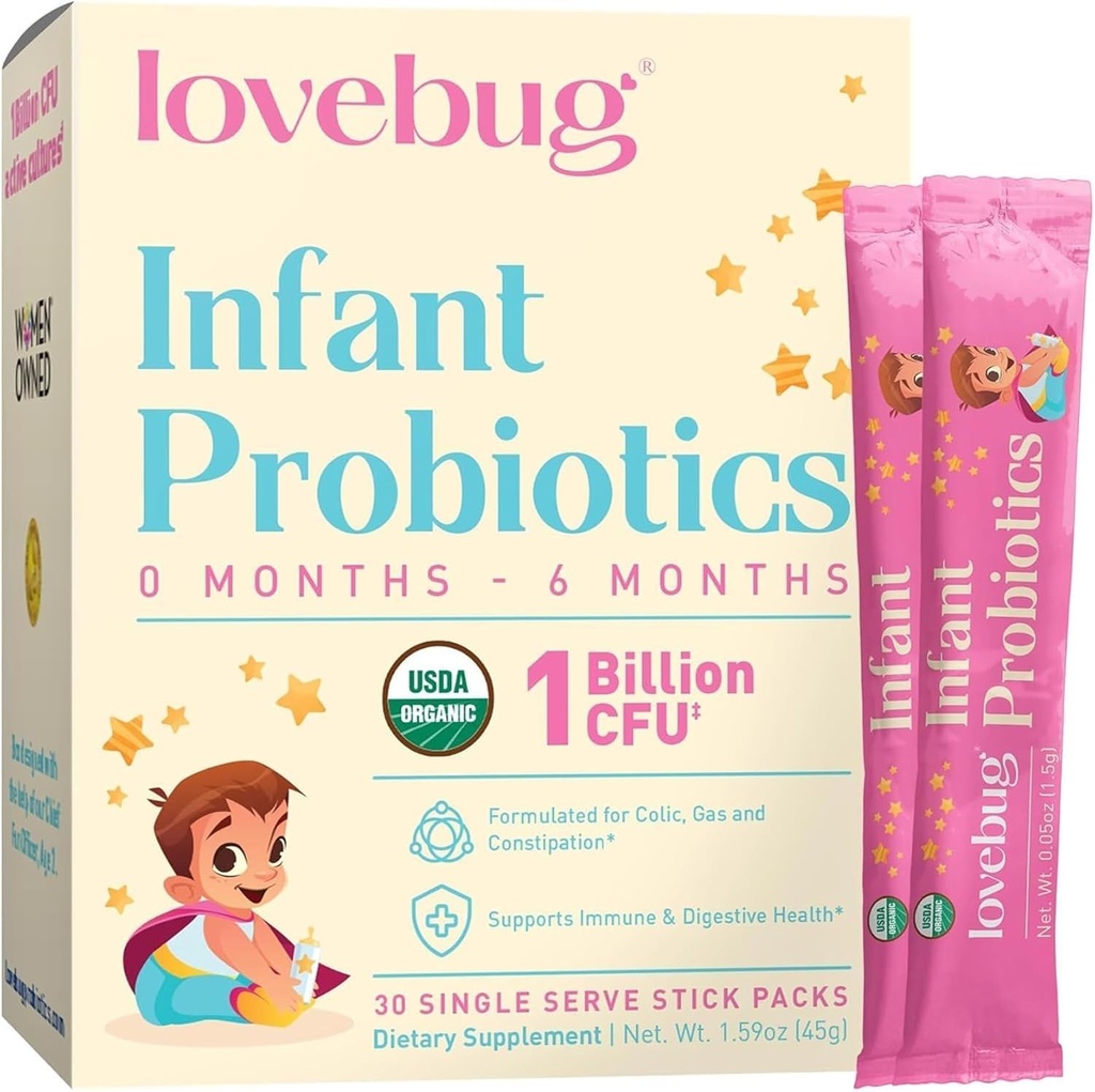 LOVEBUG Infant Probiyotiks 377 months - USDA Organic Probiyotiks for Bebekler, Supports Baby Gas, Colic, Diarrhea and Newborn Constipation Relief, Allergen & Sugar Free, Tasteless Toz, 30 Pack