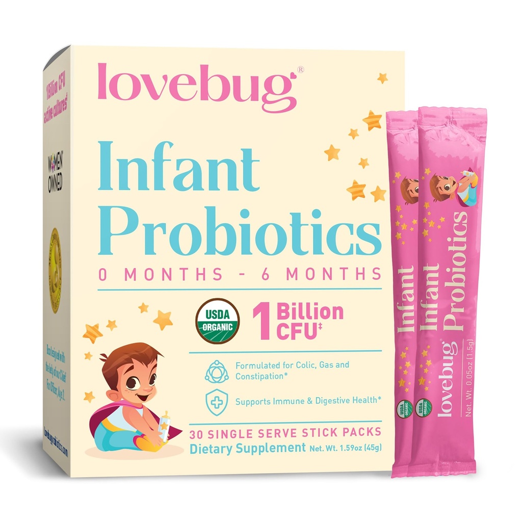LOVEBUG Infant Probiyotiks 377 months - USDA Organic Probiyotiks for Bebekler, Supports Baby Gas, Colic, Diarrhea and Newborn Constipation Relief, Allergen & Sugar Free, Tasteless Toz, 30 Pack