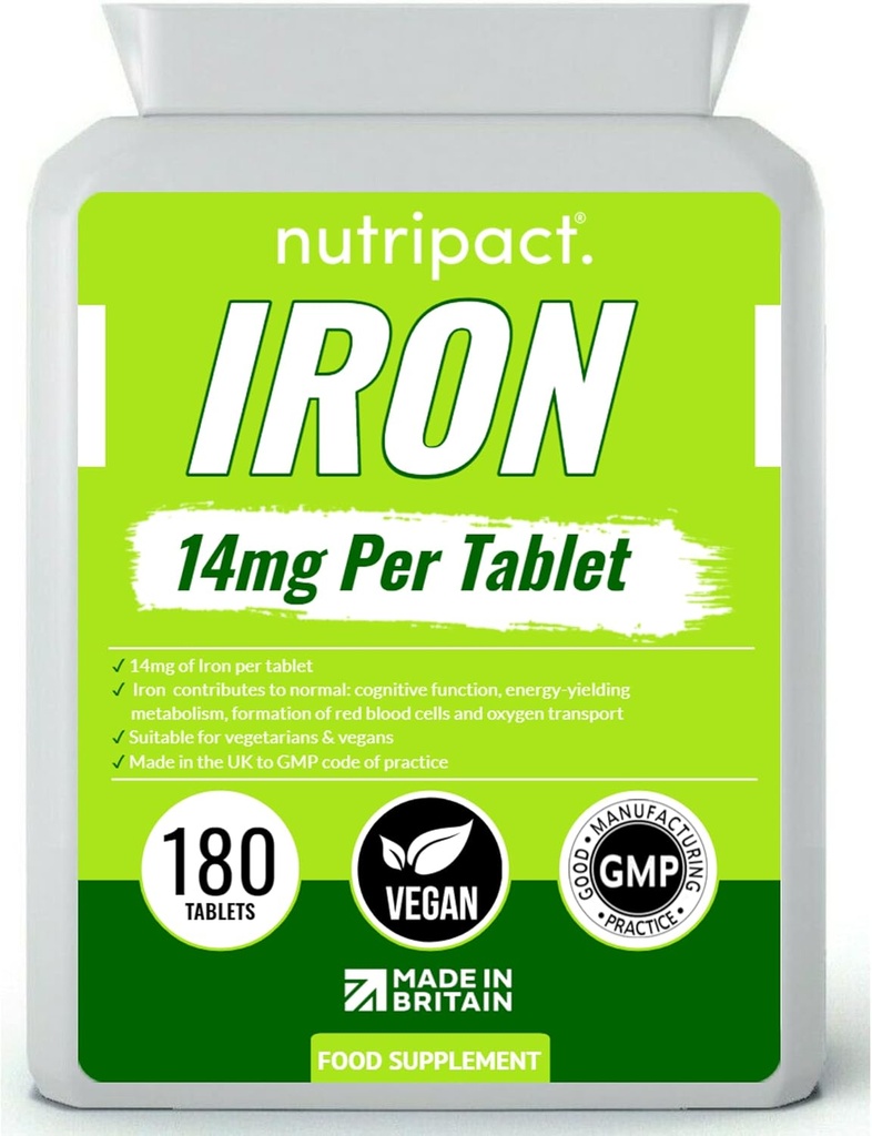 Iron Tabletler 14 mg - Bir Gün Formula'e Kolay - Tiredness & Fatigue'i azaltın, Enerji ATM, Destekler Immune System, Formation of Red Blood Hücreleri - 6 Ay Supply - 180 Vegan Tamam