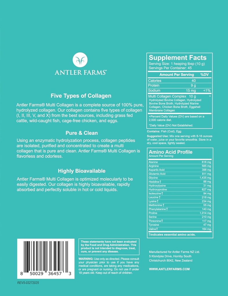 Antler Farms - Multi Collagen protein Toz - 5 Tip (I, II, III, V ve X) 100% Erkekler ve Kadınlar için Saf Kolajn Peptides - Biyo kullanılabilir, Hızlı Aborps - Unflavored - 1 lb