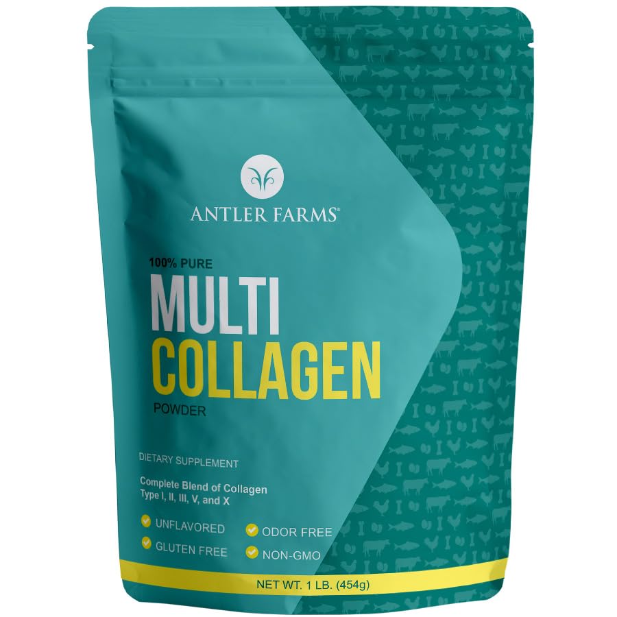 Antler Farms - Multi Collagen protein Toz - 5 Tip (I, II, III, V ve X) 100% Erkekler ve Kadınlar için Saf Kolajn Peptides - Biyo kullanılabilir, Hızlı Aborps - Unflavored - 1 lb