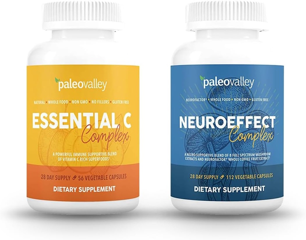 Paleovalley NeuroEffect + Essential C Complex Bundle - Neuro Mushroom Coffee Extract, Συμπλήρωμα βιταμίνης C 450g Focus, Memory, Energy, Immune Support, Organic Superfoods