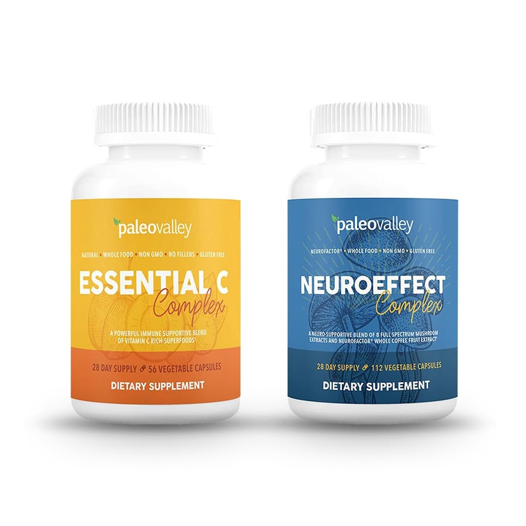 Paleovalley NeuroEffect + Essential C Complex Bundle - Neuro Mushroom Coffee Extract, Vitamin C Supplement 450g Focus, Memory, Energy, Immune Support, Organic Superfoods