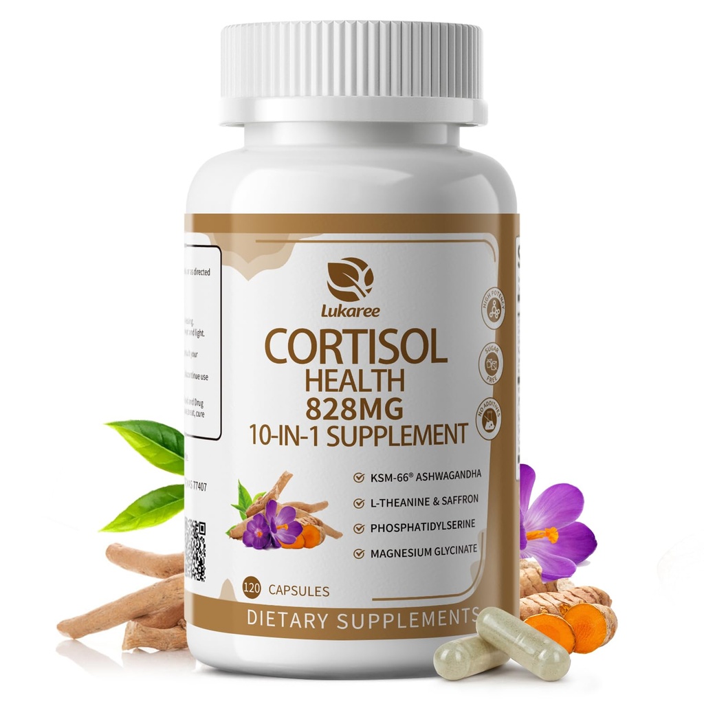 10in-1 Cortisol Supplements with, Ashwagandha, Chamomile, L-Theanine, Phosphatidylserine, St. John's Wort, Astragalus, C & D3, for Women Men, 120 Vegan Capsules for 2 Ay, Non-GMO