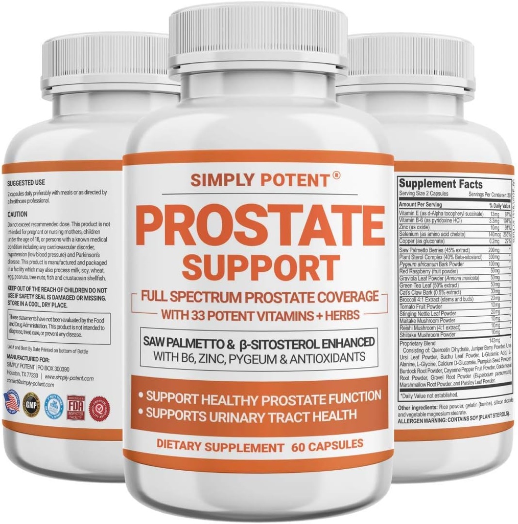 Erkekler için Prostate Supplements, Saw Palmetto Prostate Health Support w/ 33 Vitamins & Herbs - Beta Sitosterol Plus B6, Selenium & Çinko Sağlıklı Ürinasyon Frekans & Akış & Proper Sleep (60 Capsules)