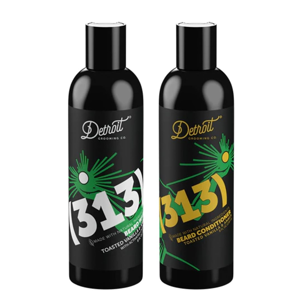 Detroit Grooming Co. Beard Wash and Beard Conditioner - Ανδρικό Κιτ - Μαλακά, Ενισχυτικά, Ενυδατώνει, Ενισχυμένο w/Argan Oil, Apple Extract, & Aloe Vera - Toasted Vanilla Amber Scent - 313-8oz