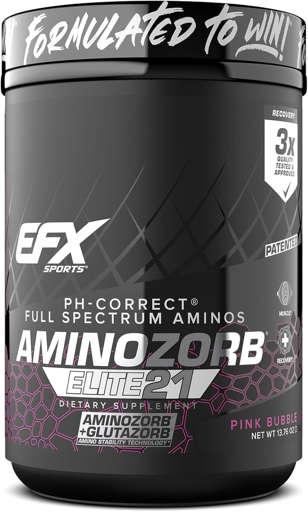 EFX Sports Aminozorb Elite 21 | PH-Correct, Full Spectrum Aminos + Glutamine | Essential & Non Essential Aminos | Zero Sugars | 30 Servings (Pink Bubblegum)