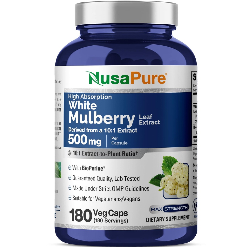 NusaPure White Mulberry Leaf Extract 10:1 Extract, 500 mg 5000 mg 180 Veg Caps (Vegan, GMO Bioperine)