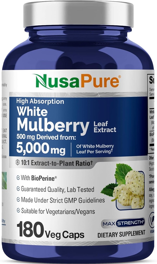 NusaPure White Mulberry Leaf Extract 10:1 Extract, 500 mg 5000 mg 180 Veg Caps (Vegan, GMO Bioperine)