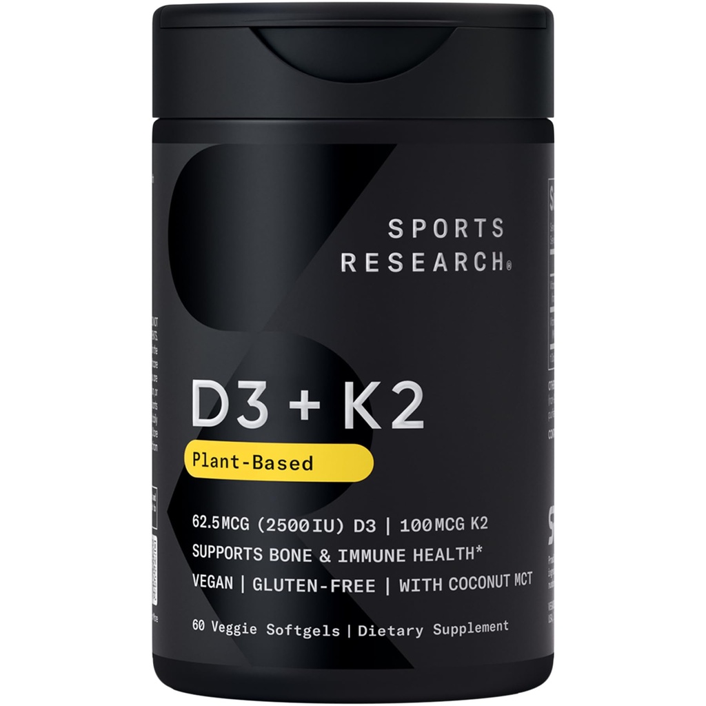Sports Research® Vitamin D3 + K2 w/Coconut Oil - Vegan Vitamin D 2500iu (62.5 C) & Mk7 Vitamin K 100mcg for Bone & Immune Support - Vegan Ücretsiz - 60 Softgels