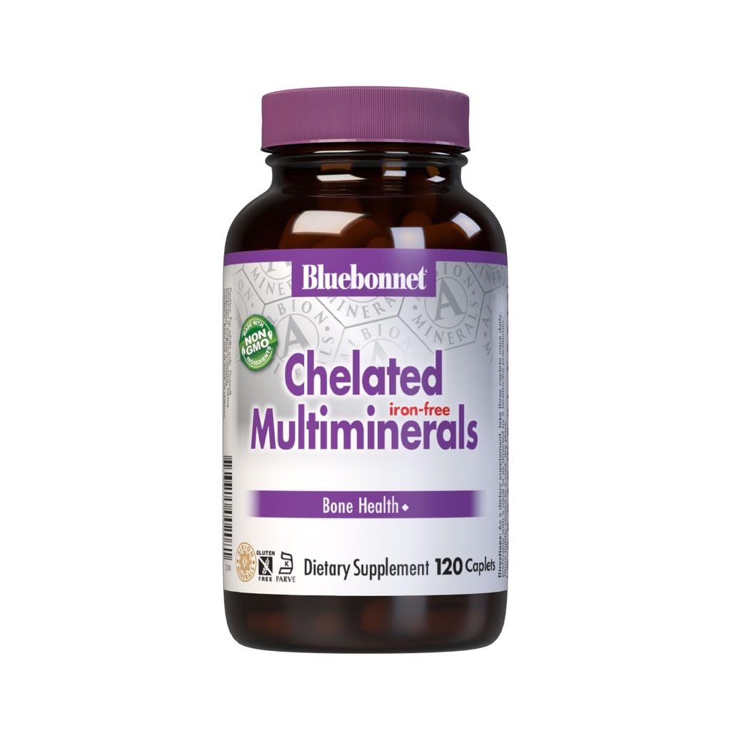 Bluebonnet Beslenme Yüksek Potency Chelated Multiminerals (Iron-Free), Albion Chelated Minerals, Soy-Free, Gluten-Free, Non-GMO, Kosher sertifikalı, Süt-Free, 120 Caplets, 40 Hizmet