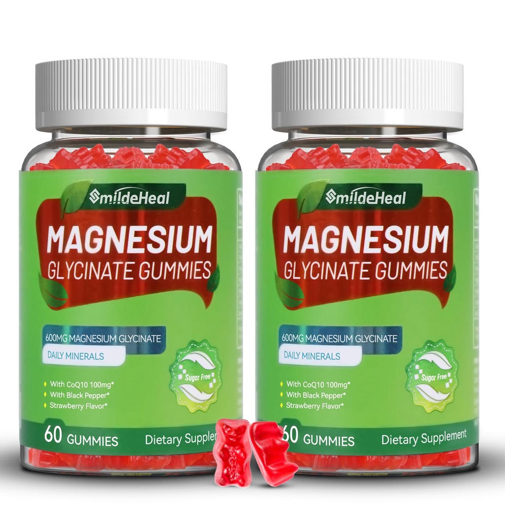 Magnezyum Glycinate Gummies 600 mg, Kadınlar ve Erkekler için Magnezyum Gummies, Magnezyum L-Threonate 300 mg, CoQ10 ve Black Pepper, Vegan (120 Count)
