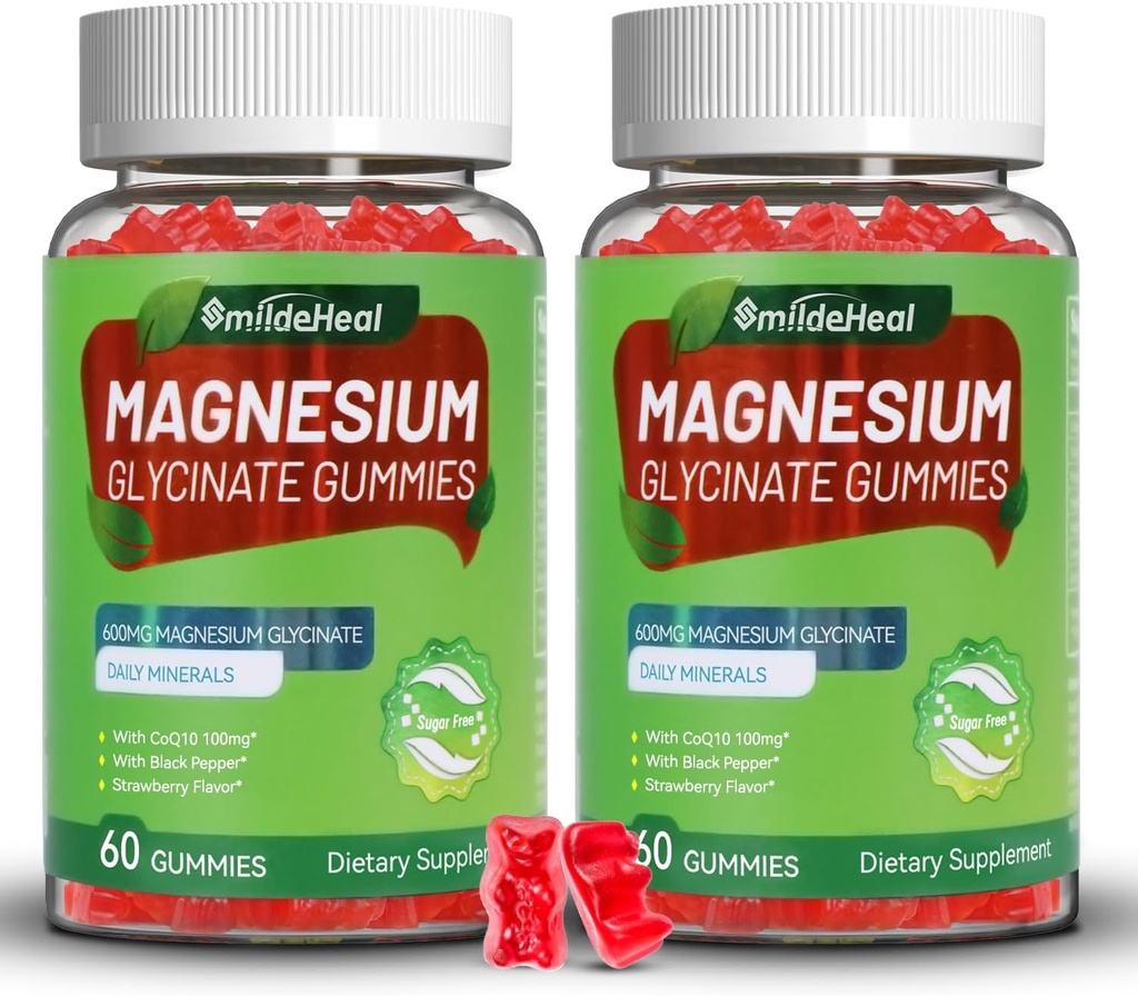 Magnezyum Glycinate Gummies 600 mg, Kadınlar ve Erkekler için Magnezyum Gummies, Magnezyum L-Threonate 300 mg, CoQ10 ve Black Pepper, Vegan (120 Count)